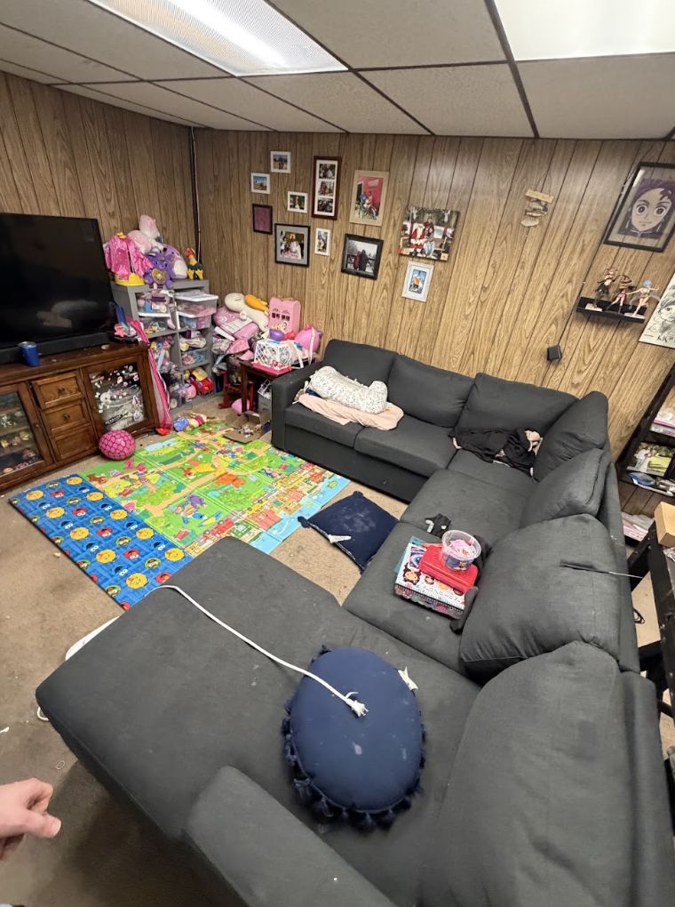 Finished basement family room with wood paneling