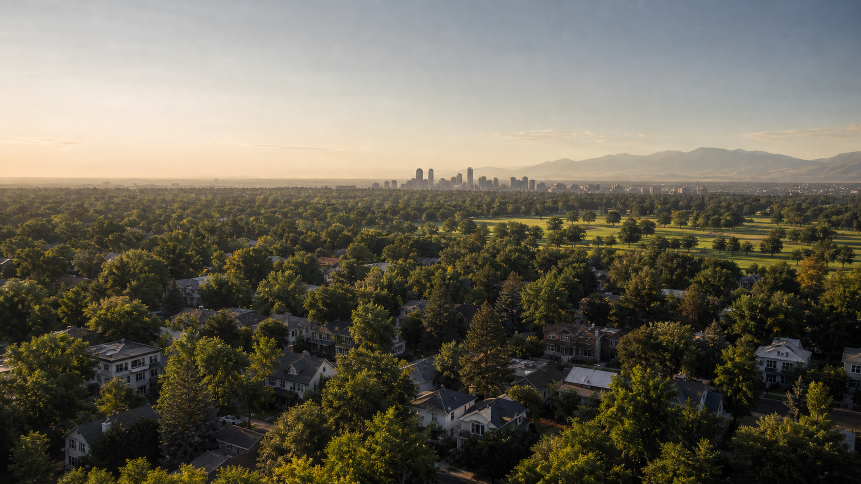 Aerial view of a tree-lined Denver neighborhood at sunrise